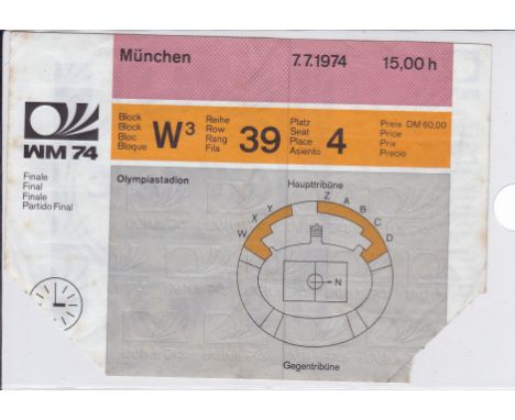 WORLD CUP FINAL 1974 TICKET    Ticket for the Final, West Germany v Holland, 7/7/74 in Munchen, folds, corners removed upon e