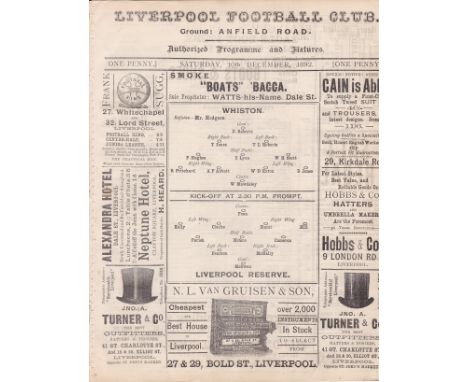 LIVERPOOL FC 1892   Exceedingly scarce Liverpool Football Club four page programme, season 1892-1893, v Whiston, 10/12/1892. 