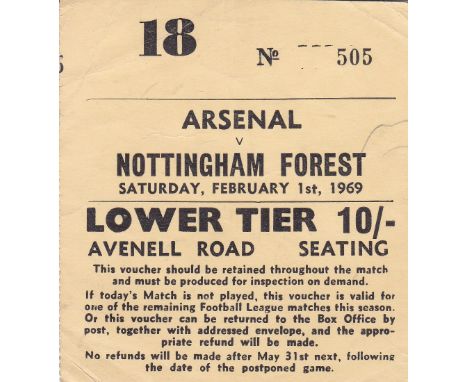 ARSENAL    Ticket Arsenal v Nottingham Forest, 1 Feb 1969. Light creasing.    Generally good
