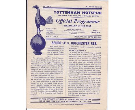 TOTTENHAM / COLCHESTER    4 Page programme Tottenham 'A' v Colchester Reserves Eastern Counties League 14 Sept 57. Score, sco