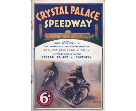 SPEEDWAY- CRYSTAL PALACE 1932   Programme, Crystal Palace Speedway v Coventry, 21/5/1932, National League fixture which also 