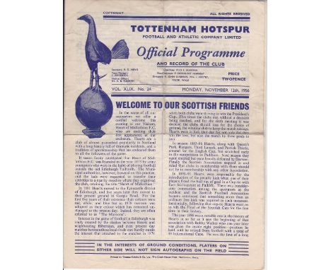 TOTTENHAM / SCOTTISH    Three Tottenham home programmes from  56/57 season. All Friendlies v Scottish Clubs inc Hearts, Hiber