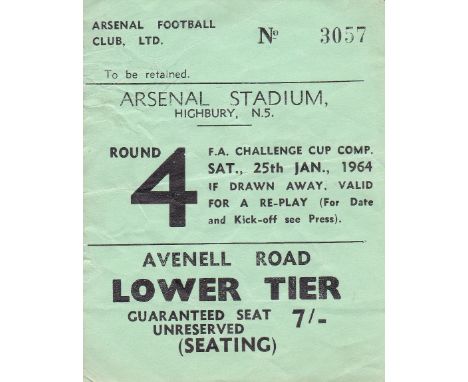 ARSENAL    Ticket Arsenal v West Brom FA Cup 4th Round Replay 29 Jan 1964.   Good