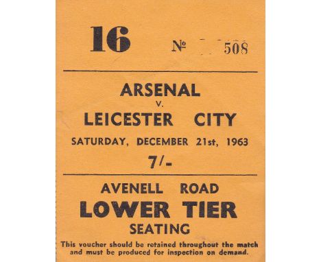 ARSENAL   Ticket Arsenal v Leicester 21 Dec 1963.   Good