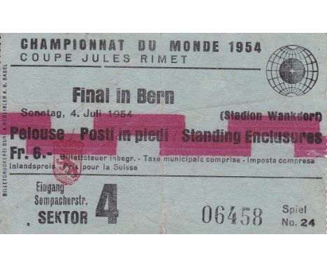WORLD CUP FINAL 54 TICKET   Ticket for the 1954 World Cup Final, 4/7/54 in Bern, West Germany v Hungary. Slight folds.  Gener