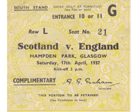 SCOTLAND - ENGLAND 1937   Scarce seat ticket , Scotland v England, 17/4/1937 at Hampden. South Stand seat, only the seats had