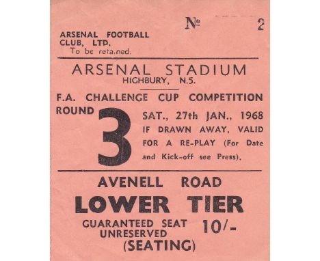 ARSENAL    Ticket v Shrewsbury 3rd Round FA Cup Replay 30 Jan 1968. Light creasing.   Generally good