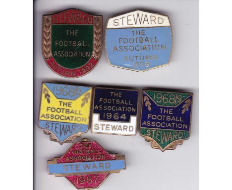 WEMBLEY STEWARD BADGES       Six badges, FA 1964 which would include the West Ham United v. Preston NE Cup Final, FA 1967 whi