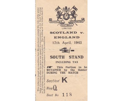 TICKET- SCOTLAND-ENGLAND 43   Scarce match ticket, Scotland v England, 17/4/43, South Stand Seat. England won 4-0. Clear tape