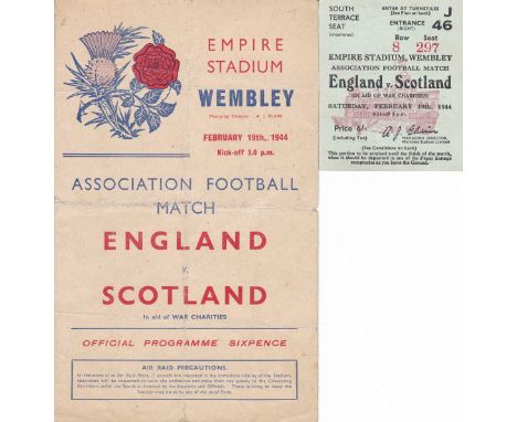 ENGLAND - SCOTLAND 44  Programme and ticket, England v Scotland , 19/2/44 at Wembley, programme is "fair" being worn along fo