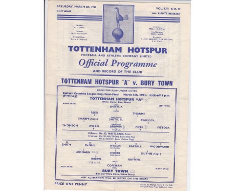 TOTTENHAM     Single sheet home programme Tottenham 'A' v Bury, Eastern Counties League Semi Final 4 Mar 1961. Score, scorers
