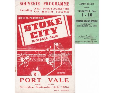 STOKE / PORT VALE    Programme and ticket Stoke v Port Vale 4 Sept 1954. Score and attendance on team line-ups.    Generally 