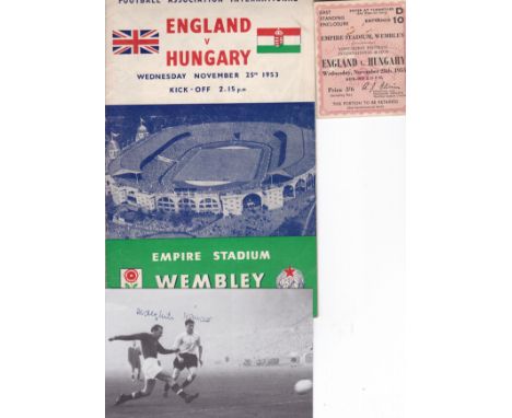 ENGLAND - HUNGARY 53   Programme, ticket and postcard showing Hidegkuti scoring for Hungary. Hungary won 6-3 becoming the fir