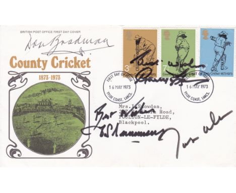 CRICKET LEGENDS AUTOGRAPHS       A County Cricket 1873-1973 First Day Cover signed By Don Bradman, Fred Trueman and Gary Sobe