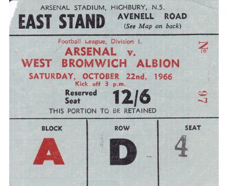 ARSENAL - TICKET     Arsenal v West Brom 22 Oct 1966. Small piece torn off at top left hand corner.    Good