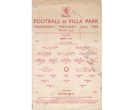 ASTON VILLA - ARMY FA 1950     Scarce Villa home single card programme v Army FA, 22/02/50 at Villa Park. The Army team listi