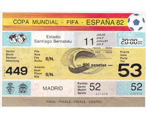 WORLD CUP FINAL 1982 TICKET   Ticket for the Final, Italy v West Germany, 11/7/82 in Madrid. Game 52, Sector 449. Slight fold