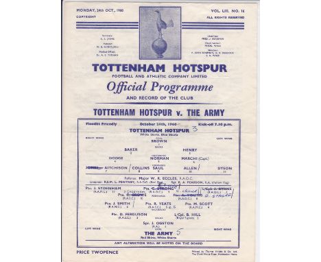 TOTTENHAM    Single sheet programme Tottenham v The Army Friendly match. 24 Oct 1960. Tottenham lost this match 5-3 during th