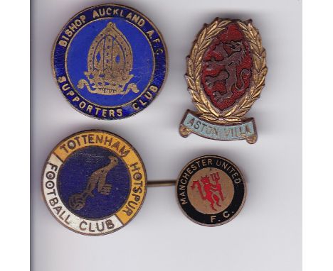 METAL PIN BADGES    Four metal pin badges, probably 1950s, comprising, Manchester United, Aston Villa, Tottenham Hotspur and 