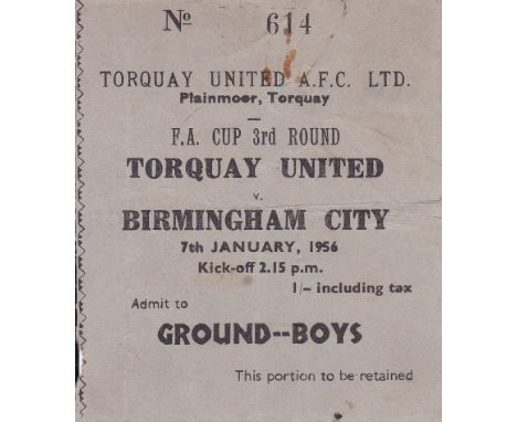 TORQUAY-BIRMINGHAM TICKET 56   Match ticket, Torquay v Birmingham, 7/1/56, Cup, Birmingham reached the Final this year. Sligh