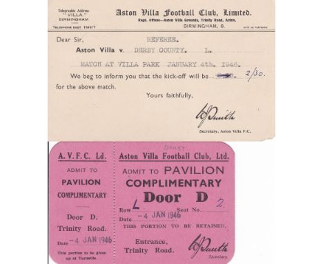 ASTON VILLA- DERBY 46  Postcard from Aston Villa to match referee informing him of kick off time for the game v Derby 4/1/46 