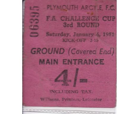 PLYMOUTH - WOLVES TICKET 51   Ticket, Plymouth v Wolves, 6/1/51,Cup, Ground (covered end) ticket, slight creases.  Generally 