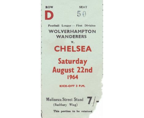 WOLVES / CHELSEA TICKET     Ticket stub Wolves v Chelsea ticket  22 Aug 1964 (small piece missing).    Fair-generally good