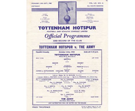 TOTTENHAM    Singe sheet programme from the Double Season. Scarce programme Tottenham v The Army, 24 Oct 1960. Small number a