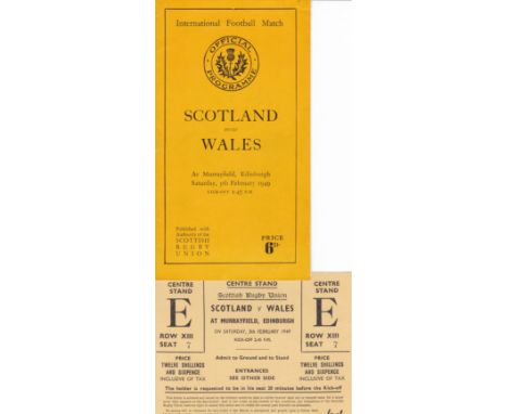 RUGBY 1949   Programme and match ticket, Scotland v Wales, 5/2/49 at Murrayfield, ticket is very good, programme is good.   G