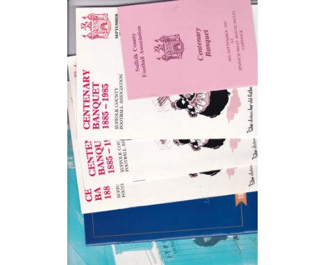 MENUS     Three menus from the Suffolk County FA Centenary Dinner 30th Sep 1985, seperate booklet with lists of guests, with 