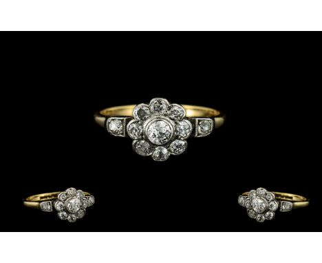 18ct Gold and Platinum Diamond Set Cluster Ring - Attractive Flower Head Design. c.1920. The Pave Set Diamonds of Good Colour