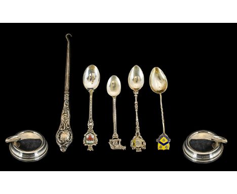SILVER ITEMS. 6 items in total, button hook, ash tray and spoons, 100g plus, please see accompanying image.
