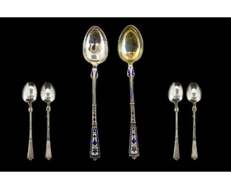 Danish Superb Quality Late 19th Century Pair of Silver and Enamel Spoons. Finely Decorated In Enamels of Various Colours to B