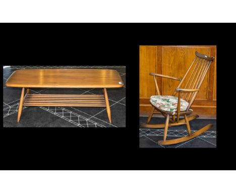 Ercol Teak Coffee Table &amp; Ercol Rocking Chair.  Table of rectangular form with four tapered legs and a lower spindled mag