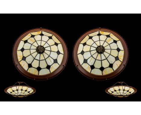 Pair of Tiffany Style Pendant Light Shades dark brown and cream lead glass effect shades. 36 cms in diameter.