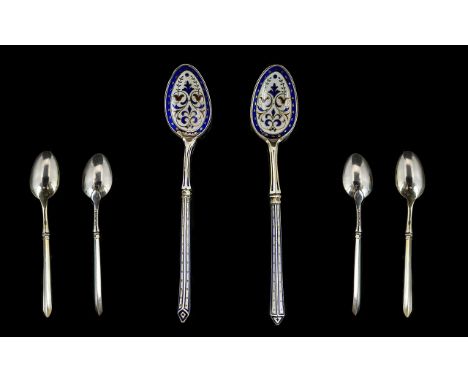 Danish - Superb Quality Late 19th Century Pair of Silver and Enamel Spoons, Finely Decorated In Enamels of Various Colours to