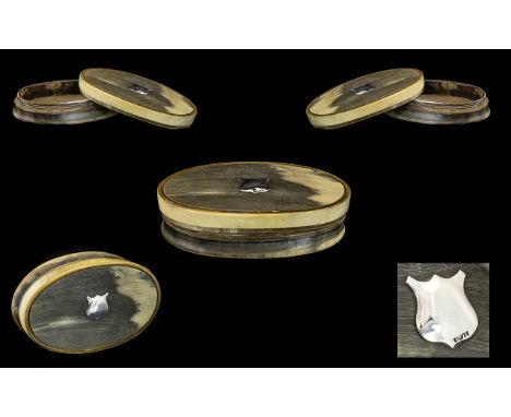 Scottish 19th Century Oval Hinged Lidded Horn Snuff Box with Silver Cartouche to Center of Cover, Marked Silver. 3.75 Inches 