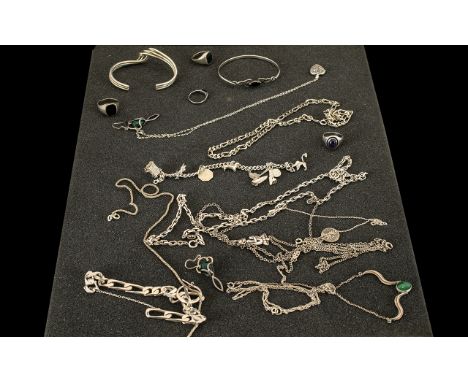 A Good Varied Collection of Silver Jewellery. Includes Several Bangles, Signet Rings, Link Bracelet, Necklaces - One with a H