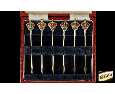 A Nice Quality Cased Set of Six Silver and Enamel Cocktail Sticks. Hallmark for Birmingham 1936 to the Top of Each Cocktail S