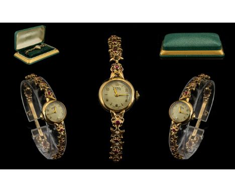 Rotary Maximus Ladies 1930's 21 Jewel Mechanical 9ct Gold Wrist Watch, The Ornate 9ct Gold Bracelet Set with 14 Rubies of Pig