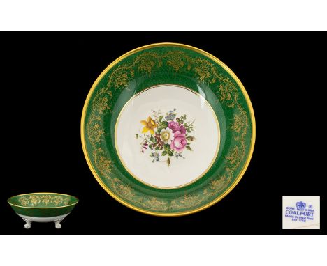 Coalport Bone China Large Footed Centrepiece Bowl Raised on tripod scroll feet, white ground with deep, forest green border a