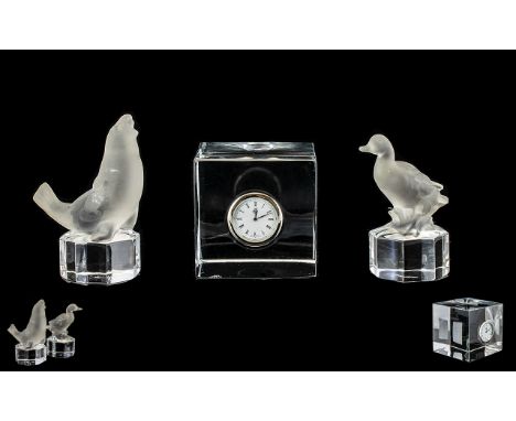 Royal Doulton Crystal Glass Cube Clock 8 cms square. Together with two Goebel glass paperweights one in the figure of a duck 