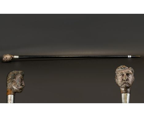 Victorian - Period Silver Banded Ebonised Walking Stick with Figural Top. Hallmark Birmingham 1879. All Aspects of Condition 