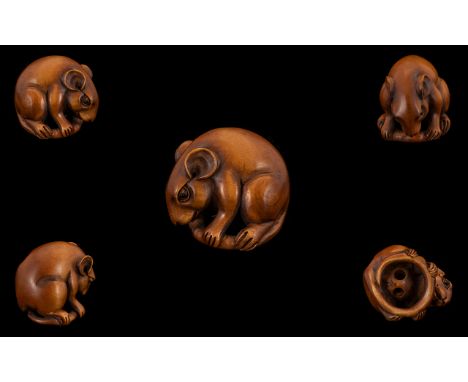 Japanese - 19th Century Top Quality Signed Carved Boxwood Netsuke of a Field Mouse, Signed to Underside of Netsuke. Excellent
