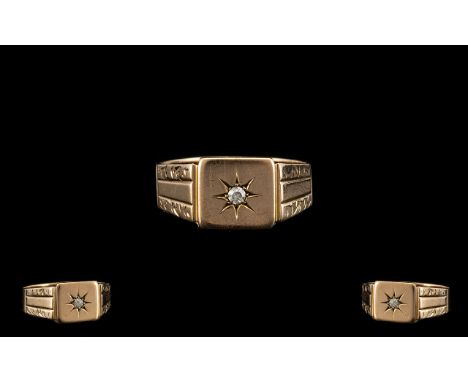 Gents 9ct Gold Diamond Set Signet Ring, Starburst Design, Full Hallmark for Birmingham 1928, Ring Size - R. 3.6 grams. 