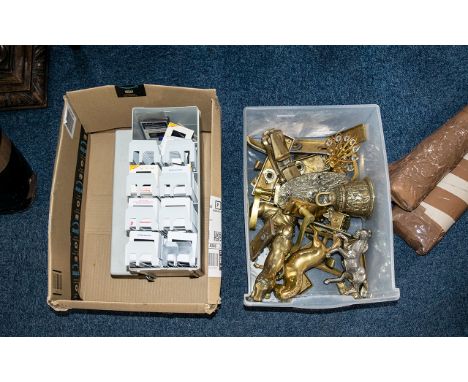 A Box of Brassware &amp; Box of Projector Slides.  Brassware to include assorted door handles, brass car, brass horses, a lar