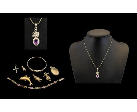 Small Mixed Lot of Silver Jewellery - to include a bracelet, bangle and pendant all set with blue faceted stones, CZ cross, a