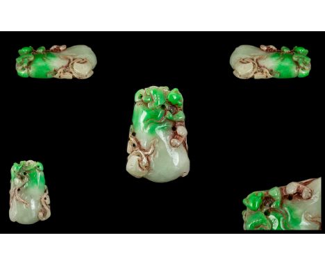 Chinese 19th Century Superb Jade Carving / Amulet, The Carving Depicts the Figure of a Salamander Overlooking a Fish Head and