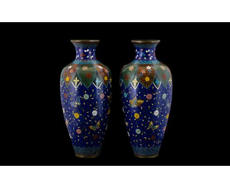 Japanese - Fine Quality Pair of 19th Century Ovoid Shaped Cloisonne Vases, Each Vase Decorated In Enamel Images of Butterflie