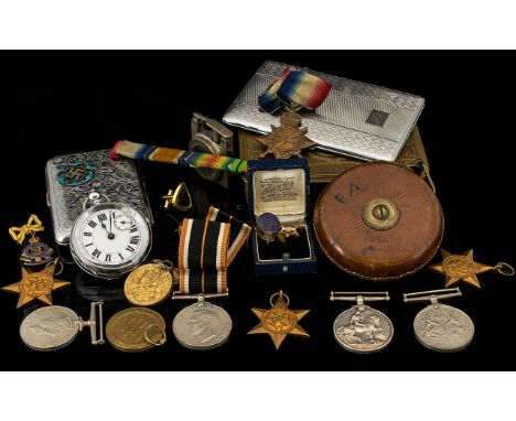 Military Interest. A Tin containing a quantity to include three WW1 medals and bar, awarded to 11729, PTE I Jones S Lancashir